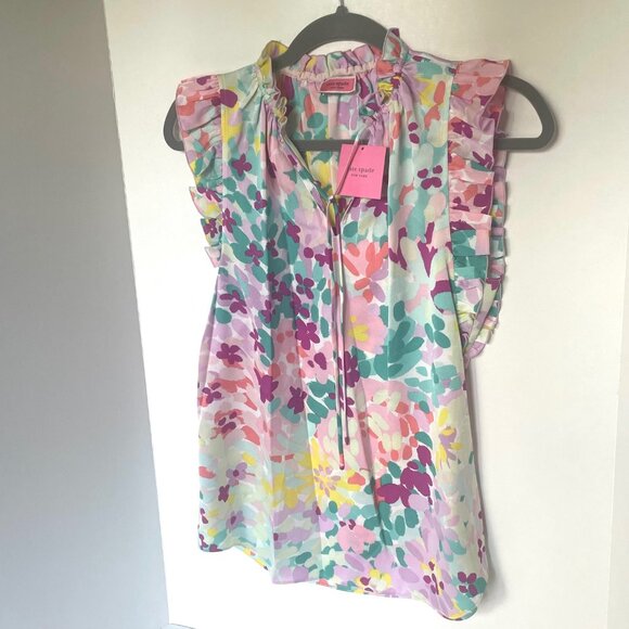 Kate Spade Painted Petals Tie-Neck Ruffle Floral Blouse Top Shirt - Picture 5 of 7